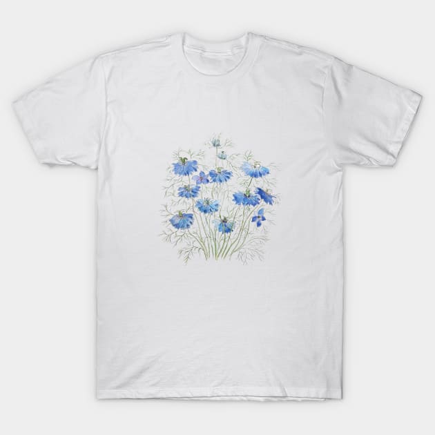 blue purple nigella flowers watercolor T-Shirt by colorandcolor